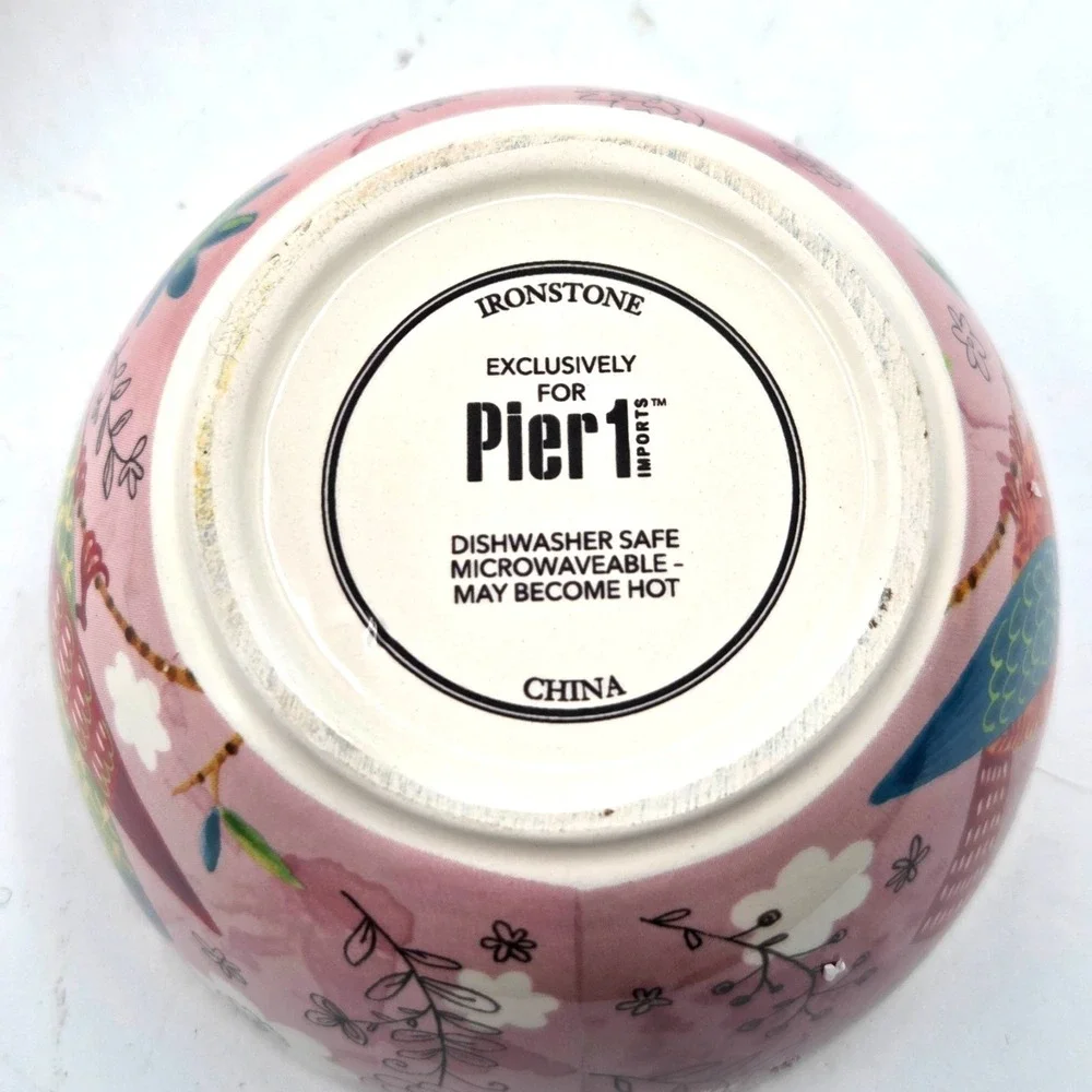 Pier 1 Imports Set of 2 Pink‎ Bird Ironstone Cereal Candy or Snack Bowls